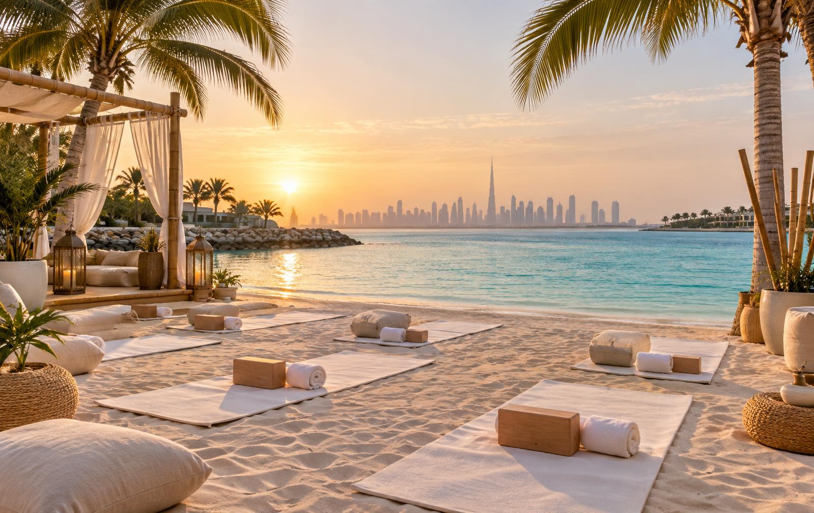 Elegant yoga and Pilates setup on a private island beach at sunrise