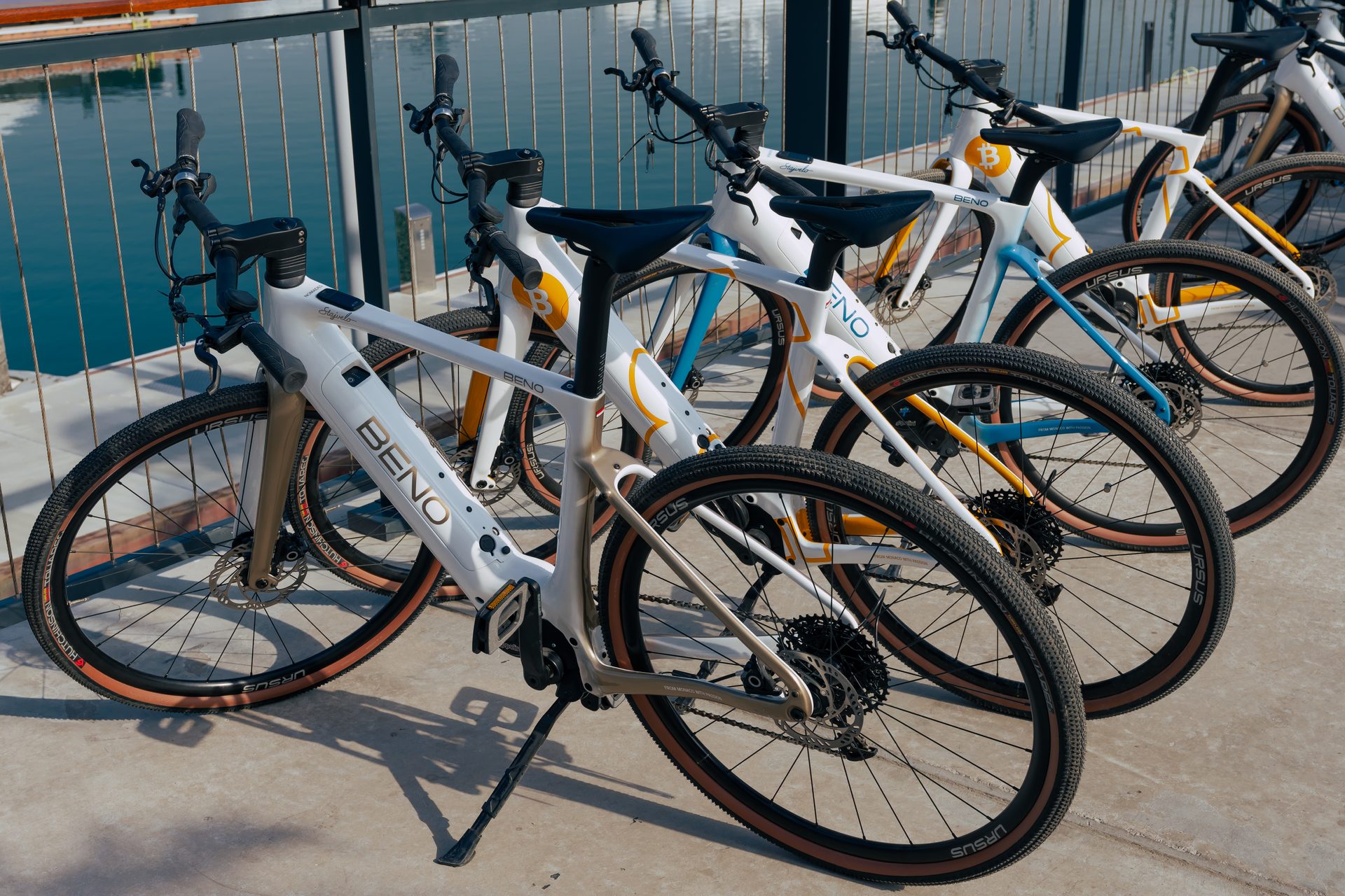 A fleet of exclusive Stajvelo bicycles ready for a coastal ride